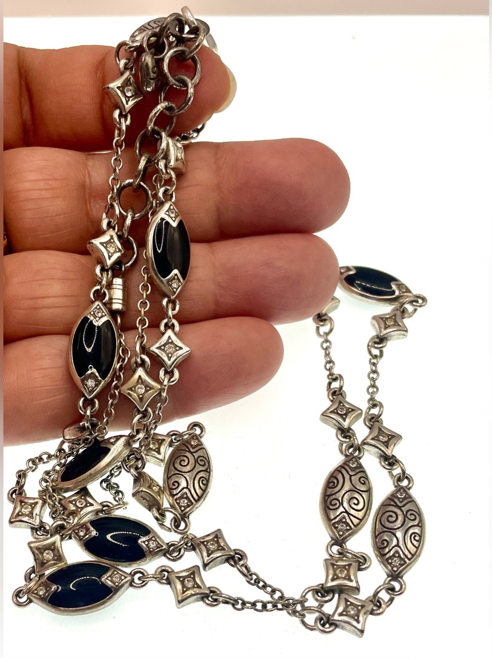 Y2K Brighton 32” Silver Tone Black Enamel Crystal Long Link Statement Necklace